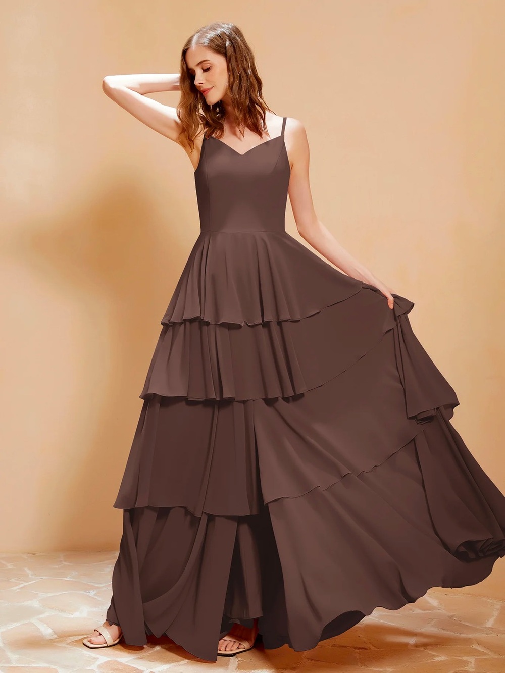 Babaroni Elegant Brown Tiered Spaghetti-Strap bridesmaid Dress - Picture 5 of 5